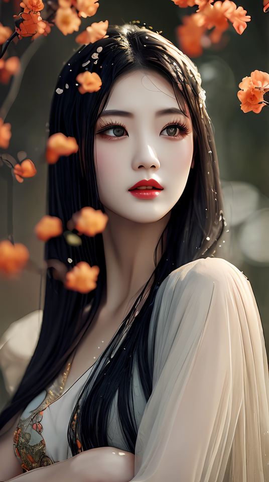 02492-2760201430-a woman with long black hair is surrounded by water with flowers, in the style of dreamlike realism, dark gray and orange, han d.png